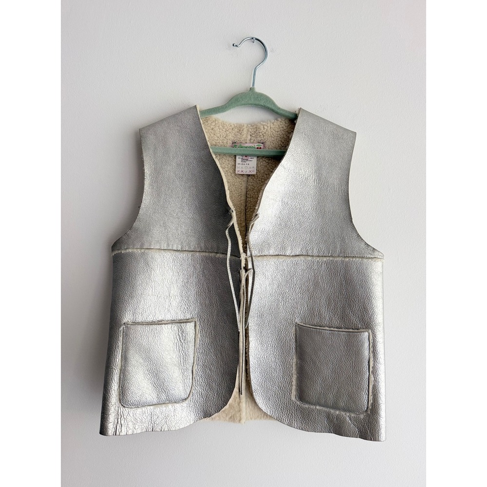 Bonpoint Kids Metallic Silver Sheepskin Shearling Vest Tie Front Pockets size 8